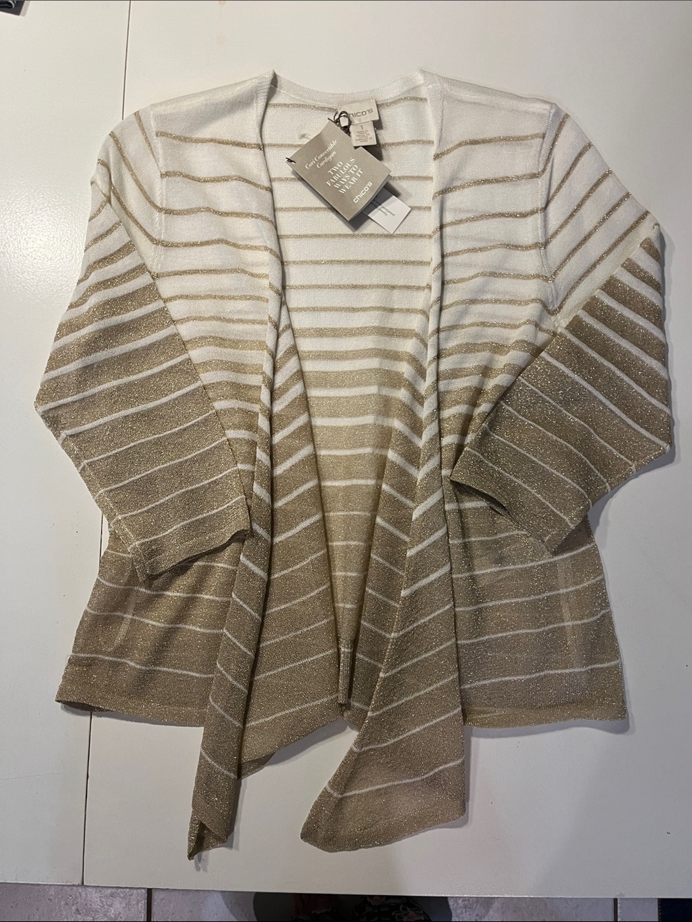 Lightweight Open-Front Cardigan Sweater - Cream & Tan.